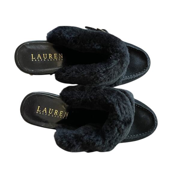 LAUREN RALPH LAUREN Woman's Size 6.5 Black Suede Faux Fur 5" Heel Platform Clogs - Picture 5 of 12